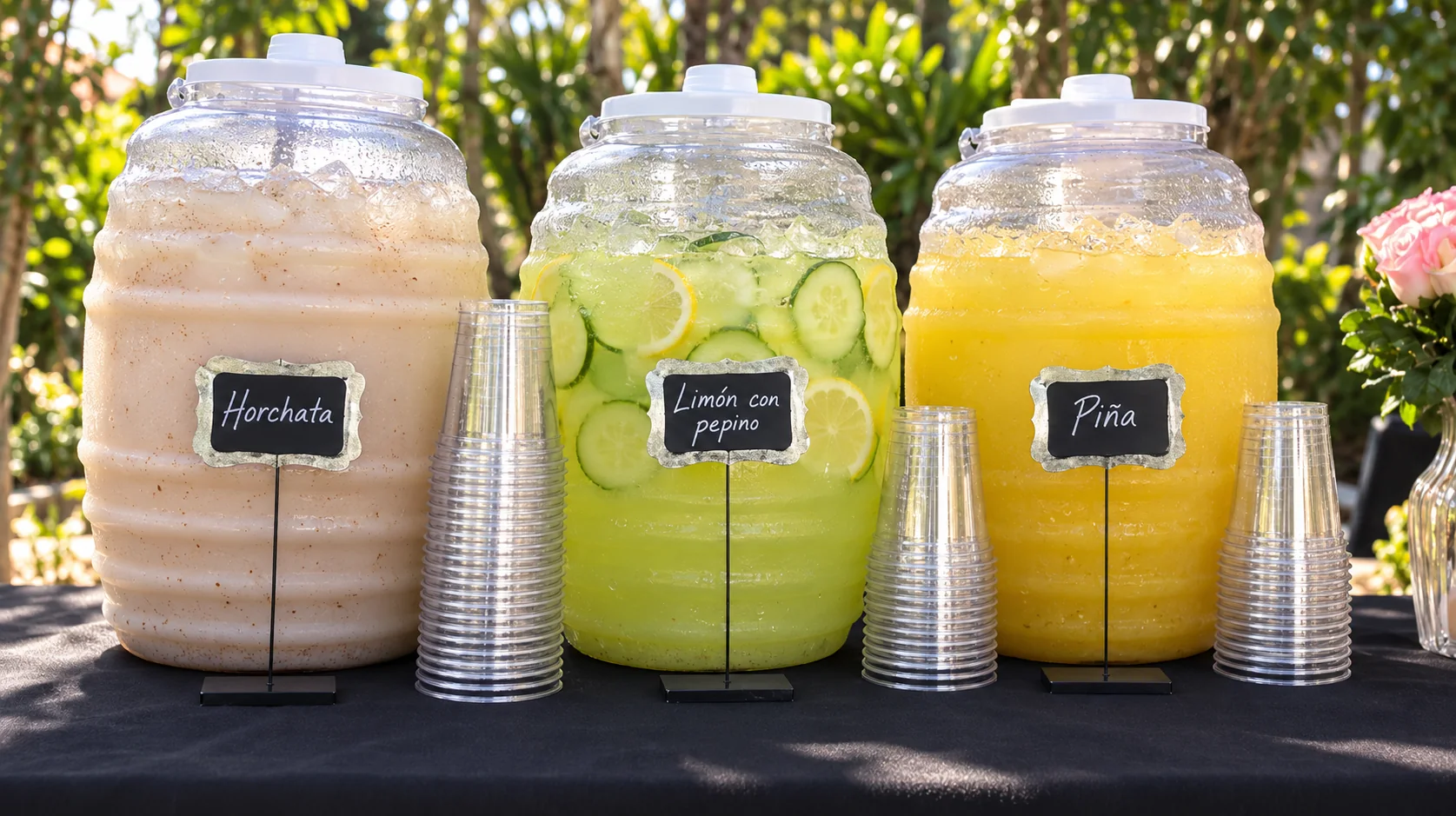 Horchata, limón con pepino and piña aguas frescas in vitroleros