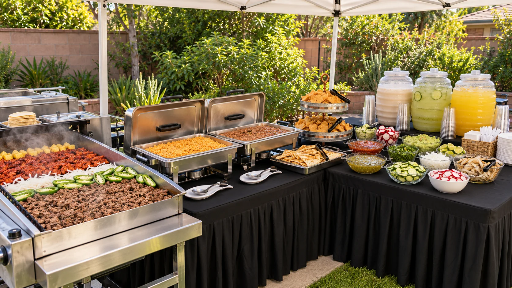 Full taquiza buffet set up in a backyard with grill, chafing dishes and agua frescas