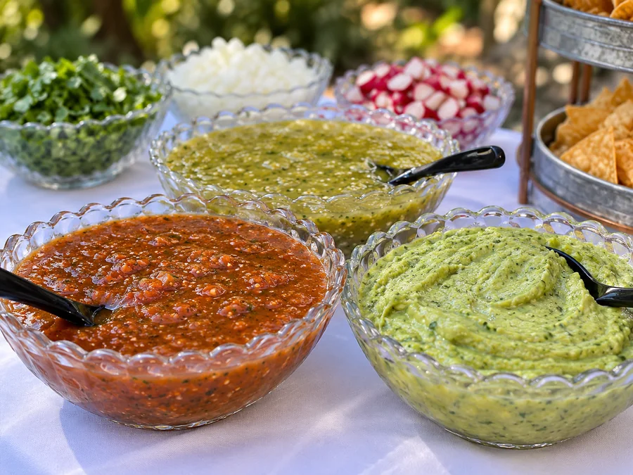Red salsa, green salsa and guacamole in glass bowls