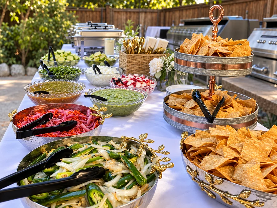 Toppings table with chips, salsas, onions and cilantro